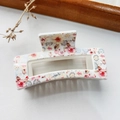 Floral print rectangular hair claw clip in white with pink and yellow vintage blossoms - Peony White Base