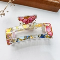 Floral print rectangular hair claw clip with gold accents in clear acrylic finish - Large Floral Transparent Base