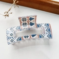 Rectangular hollow hair claw with navy and ochre ethnic patterns on acrylic base - Bohemian Transparent Base