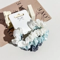 Detailed view of satin silk scrunchies in pearl white and blue shades with ruffled texture - Blue Gray/Sky Blue/Beige