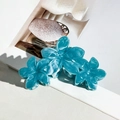 Sky blue marble acetate flower hair claw clip with triple frangipani blossoms - Lake Blue