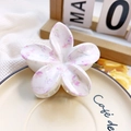 Frangipani hair claw clip with white and pink floral pattern on a ceramic plate - 8cm UV Printed Plumeria - ABS Beige Style E