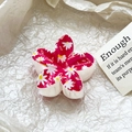 Detailed close-up of a pink frangipani hair claw clip with delicate white daisy patterns - Deep Pink Daisy Style (103-6)
