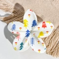 Close-up of frangipani hair claw clip with colorful UV printed Christmas trees and mushrooms - White Christmas Tree Mushroom Style / ABS