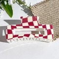 Detail view of rectangular hair claw clip with vintage red and white checkered pattern - Red White Checkerboard Style (152-6)