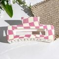 Detail of pink and cream checkered square hair claw clip on elegant textured backdrop - Pink and Off-white Checkerboard Style (152-4)