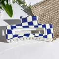 Close-up of blue and white checkered rectangular hair claw clip on textured background - Blue and White Checkerboard Style (152-3)