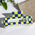 Macro detail of square hair claw clip featuring yellow and blue checkerboard pattern design - Yellow Blue Checkerboard Style (151-6)