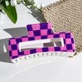 Detail of a rectangular hair claw clip with purple and pink checkerboard print pattern - Purple and Pink Checkerboard Style (151-5)