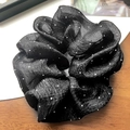 Large black scrunchie with sparkling rhinestones in a romantic floral silk texture - Starry Black