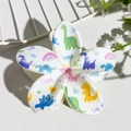 Detail shot of white frangipani hair claw clip with colorful cartoon dinosaur prints - Plumeria Dinosaur Pattern (139-5)