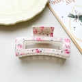 Close-up of a cream hair claw clip with delicate pink rose floral patterns in a vintage style - Off-white Pink Floral Square Style (001-11)
