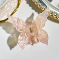 Detail of pink gradient butterfly hair claw clip with golden glitter and sturdy metal spring - 7cm Butterfly Style / Iridescent Pink