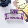 Close-up of Halloween hair claw clip featuring gothic purple rose and skull patterns - 8.5cm Printed Square Purple Rose Skull (005-02)