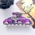 Detail view of Halloween claw clip with UV printed skull and purple rose patterns - 10.5cm Printed Square Head Purple Rose Skull (005-02)