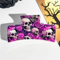 Detail of square hair claw clip featuring gothic skull and rose floral print on white leather - 8.5cm Printed Solid Square Purple Rose Skull (005-02)