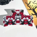 Detail of Halloween hair claw clip showing gothic skull and red rose floral pattern prints - 8.5cm Printed Solid Square Red Rose Skull (005-03)