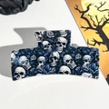 Detail of gothic hair claw clip with skull and rose patterns on a white background - 8.5cm Printed Solid Square Blue Skull Rose (005-04)