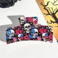 Detail of Halloween hair claw clip featuring gothic skull and red rose prints - 8.5cm Printed Solid Square Red Rose White Skull (005-05)
