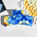 Macro detail of art hair claw featuring Starry Night oil painting texture on glossy finish - Swirl Starry Sky Style (128-11)