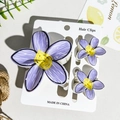 Three-piece set of purple UV printed flower hair clips with yellow spiral centers - Light Purple & White Fine Veined Yellow Stamen Style (UV Printed Plumeria 3-Piece Set, ABS, 110-B5)