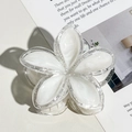 Detailed close-up of a white flower hair claw clip with silver glitter petal edges - Beige