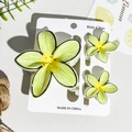 Green UV printed floral hair clip set with large claw and small pins for summer vacation - Light Green Hand-Painted Effect Stripes with Bright Yellow Stamens (UV Printed Plumeria 3-Piece Set, ABS, 110-B6)