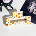 Pinza per capelli Halloween quadrata con zucca e teschio con bottiglie colorate e foglie - Base Bianco Sporco Motivo Zucca Pozione Foglia d'Acero (004-03) / Medio (8,5 cm)