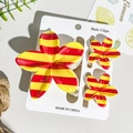 Three-piece plumeria flower hair clip set with red and yellow stripes on display card - Red and Yellow Horizontal Stripes Style (UV Printed Frangipani 3-Piece Set-ABS-121-10)