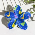 Navy blue frangipani hair claw clip with colorful cartoon dinosaur and star patterns - Dark Blue Dinosaur Print (139-8)
