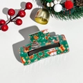 Detail of dark green Christmas hair claw clip with reindeer and tree patterns on white background - Plastic / Christmas Acrylic Square Reindeer Snowman
