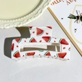 Checkerboard hair claw with red watermelon and heart patterns on white base - Watermelon Heart Style (146-1)