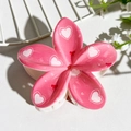 Pink frangipani flower hair claw clip with white heart patterns and red bow prints - Pink Striped Heart (141-3)
