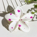 White frangipani hair claw clip with pink heart patterns and glossy resin finish - White Pink Heart Star (141-4)