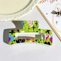 Green 8.5cm checkerboard hair claw clip with colorful graffiti and heart patterns - Green Graffiti Style (149-1)