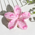 Pink plumeria hair claw clip with white heart patterns and sweet ribbon decoration - Pink White Heart Bow (142-6)
