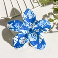 Blue and white frangipani hair claw clip with ocean patterns of shells and corals - Blue White Ocean Elements (144-5)
