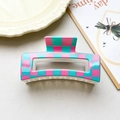Pink and green checkerboard hair claw clip in 8.5cm rectangular hollow design - Pink Cyan Checkerboard Style (151-4)