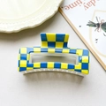 8.5cm checkerboard hair claw clip in yellow and blue colors for women's hair styling - Yellow Blue Checkerboard Style (151-6)
