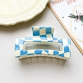 Blue and beige checkerboard square hair claw clip with a glossy finish for women - Blue White Checkerboard Style (152-2)
