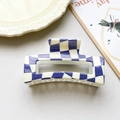 Blue and white checkerboard hair claw clip with 8.5cm rectangular hollow design - Off-white Blue Checkerboard Style (152-3)