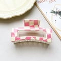 Pink and beige checkerboard hair claw clip 8.5cm square shape minimalist style - Pink White Checkerboard Style (152-4)