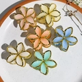 Detail of colorful floral hair claws with golden metal frames and resin flower petals - Small Frangipani-Gold Edge Jelly Colors
