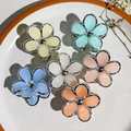 Detailed macro view of colorful floral hair claws with silver metal edges in six pastel colors - Small Five-Petal-Silver Edge Jelly Colors