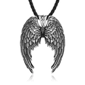 Vintage stainless steel angel wing pendant in antique silver finish with black cord - Vintage Distressed Style / Steel