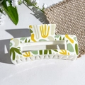 White square claw clip with yellow and green floral UV print for elegant hairstyles - Yellow-Green Plant Pattern (140-3)