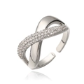 Crossed geometric open ring with cubic zirconia inlay and high polished silver finish - Adjustable Open / Silver