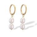 Elegante 18K vergoldete Edelstahl-Ohrringe für Damen mit doppelten weißen Barockperlen - Goldener Doppelperlen-Hängestil (45831)