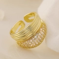 Detail of 18K gold plated wide ring featuring ribbed texture and micro-pave zircons - Ribbed Micro-set Style (14326)