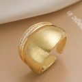 Minimalist double layer 18K gold plated wide band ring with zircons and open design - Double Layer Brushed Style (14339)
